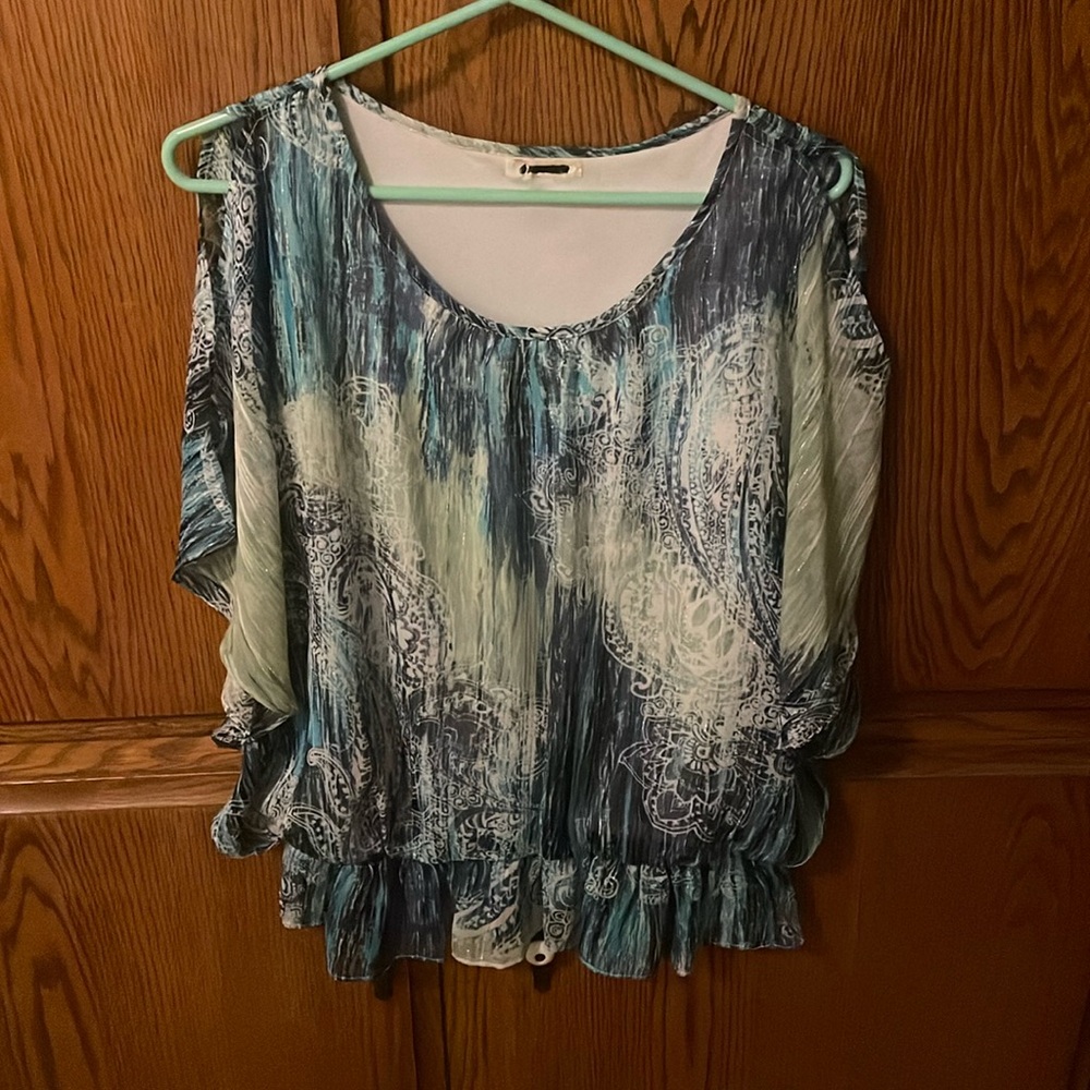 Blue green silver and white cold shoulder top